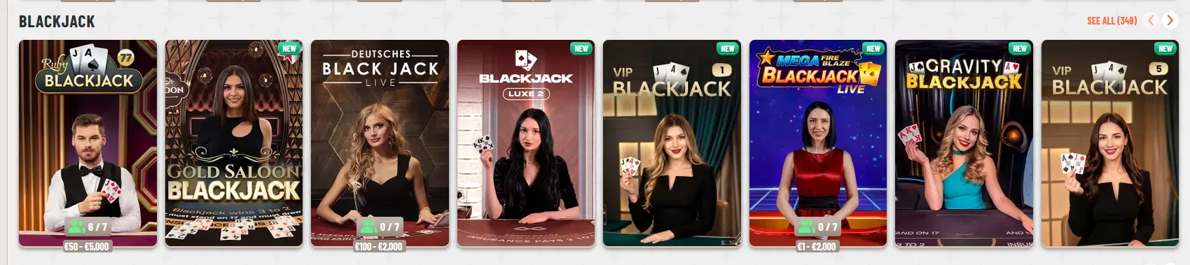Live dealer blackjack tables at Wyns Casino