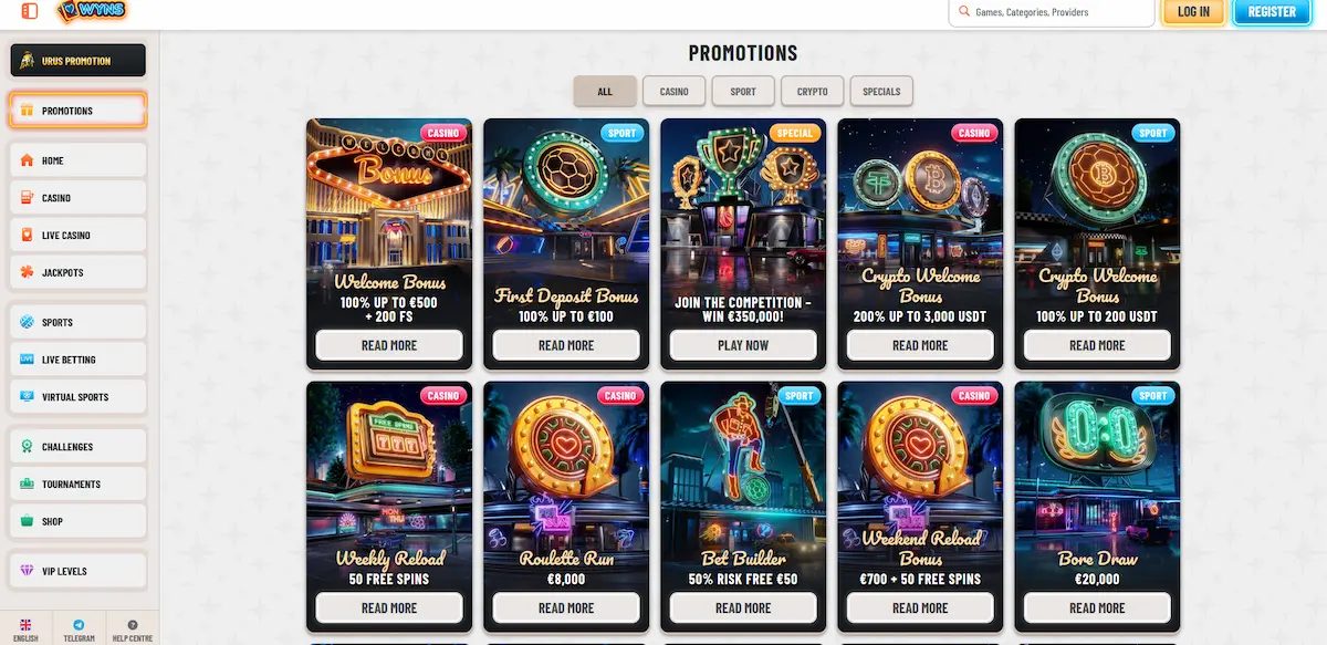 Wyns Casino promotions page listing the welcome bonus and reload offers