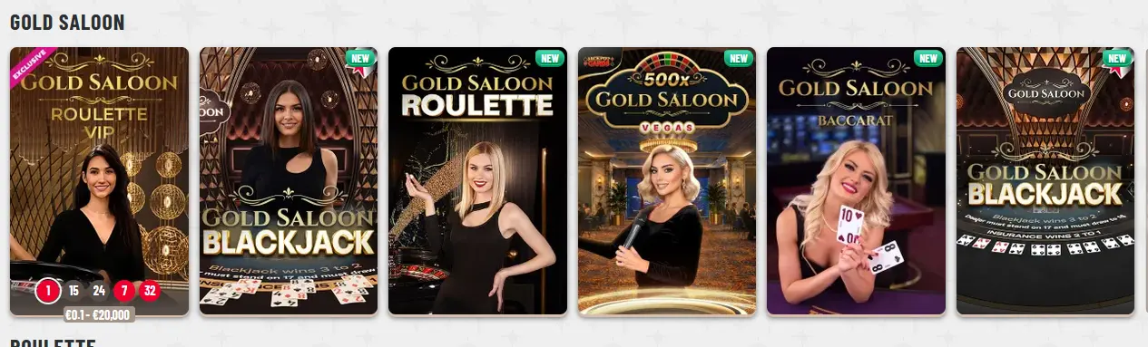 Gold Saloon exclusive live tables available at Wyns Casino