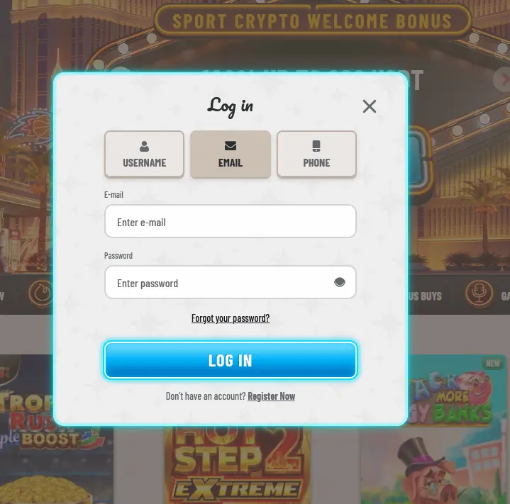 Wyns Casino login window with email and password fields
