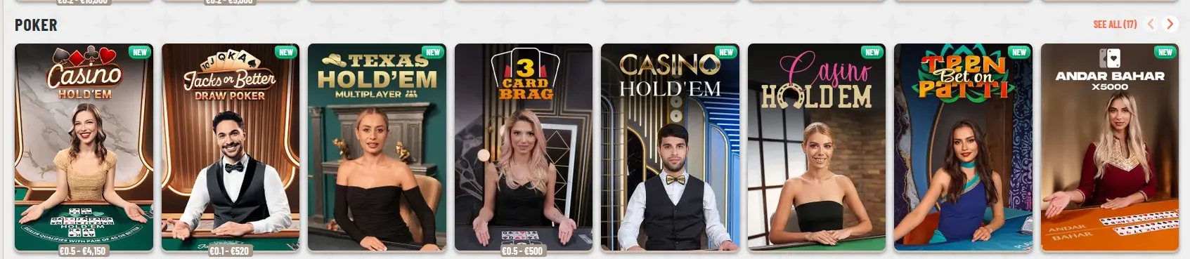 Live dealer poker tables including Casino Hold'em at Wyns Casino