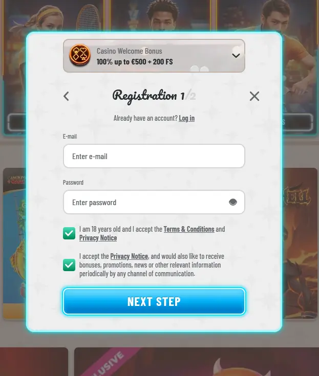Wyns Casino registration form showing the welcome bonus and account details step